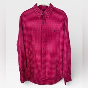 RALPH LAUREN Red Black Plaid Shirt Mens L Soft Cotton Weekend Layer Custom Fit